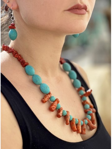 COLLIER ET BOUCLES D'OREILLES TURQUOISE ET CORAIL 2