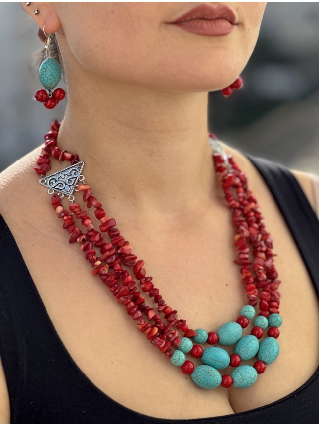 COLLIER ET BOUCLES D'OREILLES TURQUOISE ET CORAIL