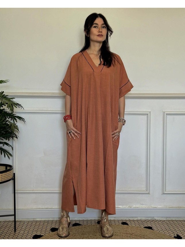 Robe en lin brique  avec détaille en WAX