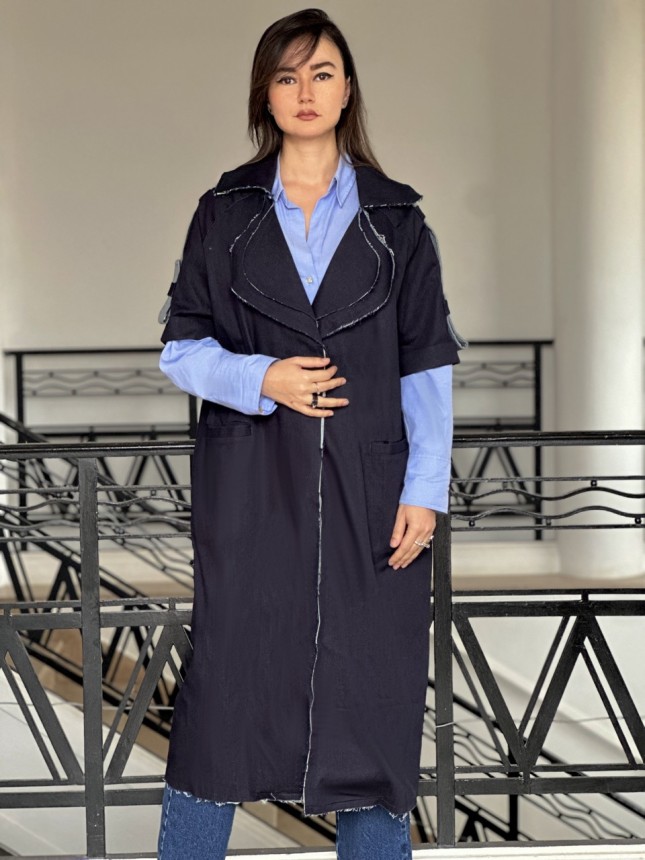 VESTE LONGUE ASPECT JEAN BLEU FONCÉ