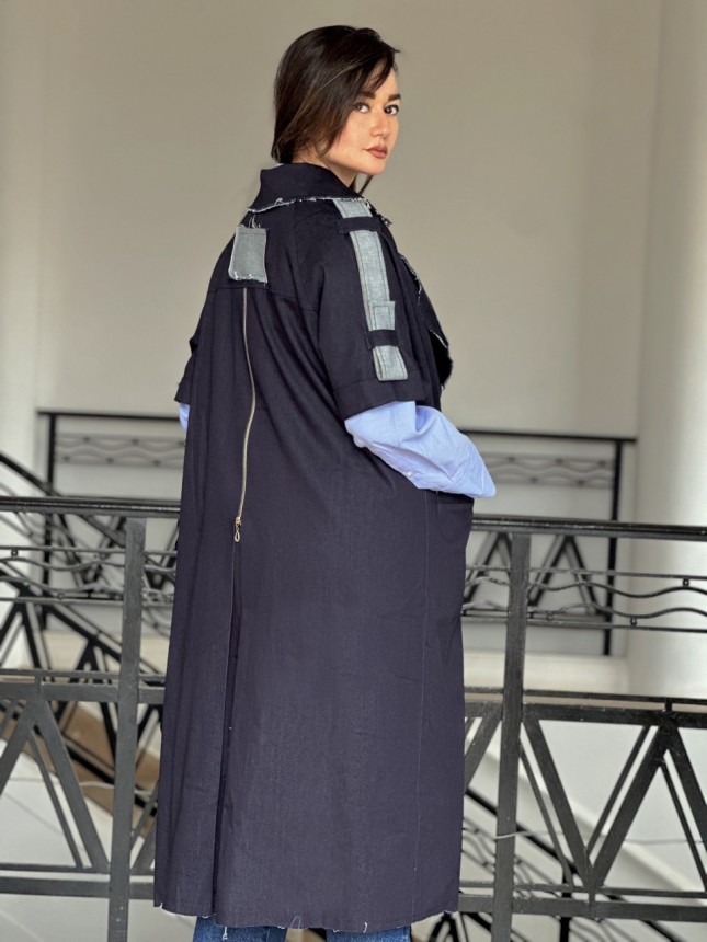 VESTE LONGUE ASPECT JEAN BLEU FONCÉ